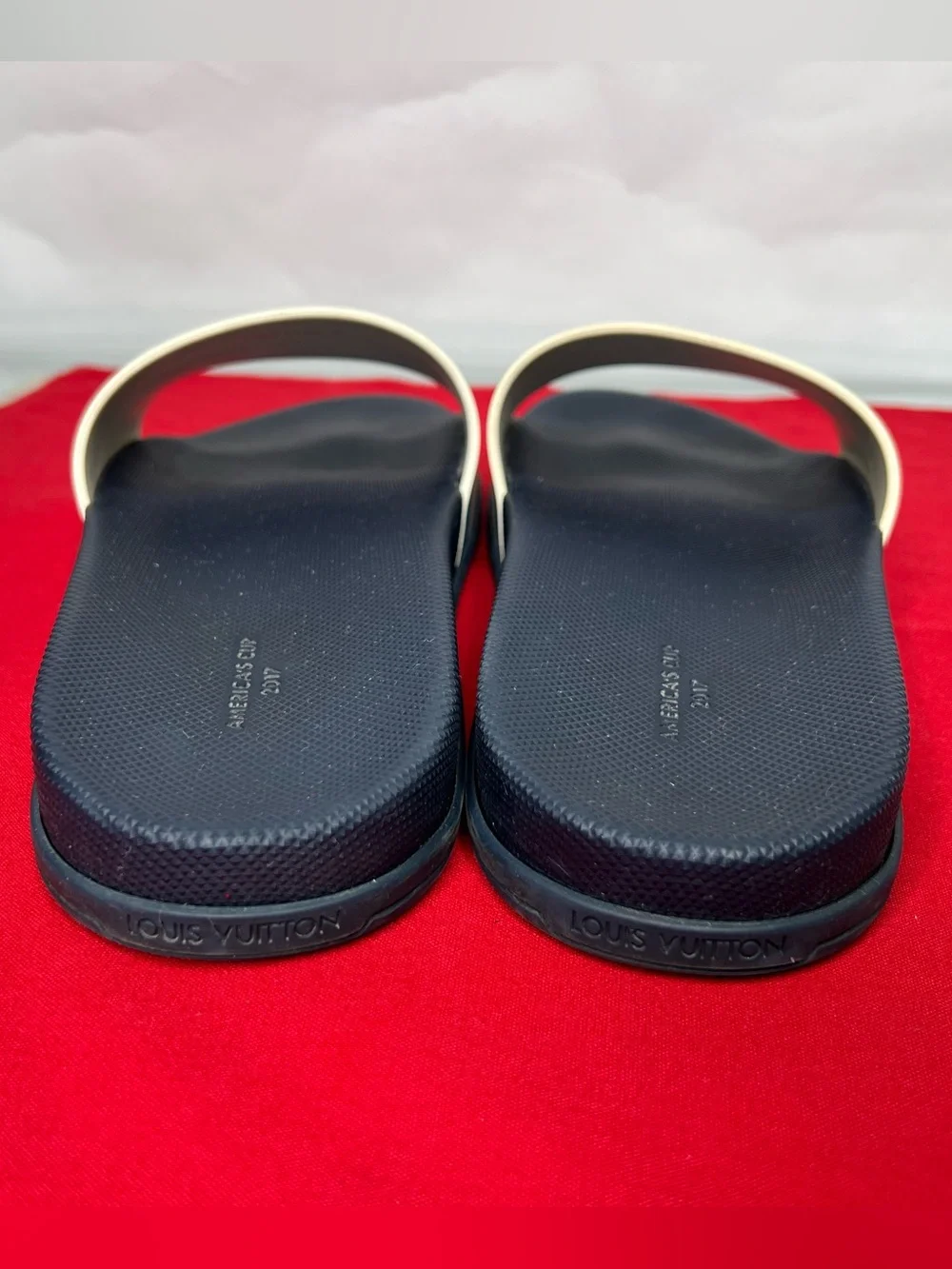 Louis Vuitton Slide Sandals Americas Cup 2017 Red Cream Blue Stripes